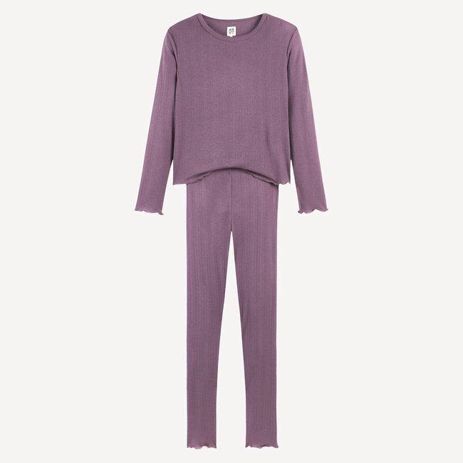 Pyjama manches longues en maille pointelle mauve <span itemprop=