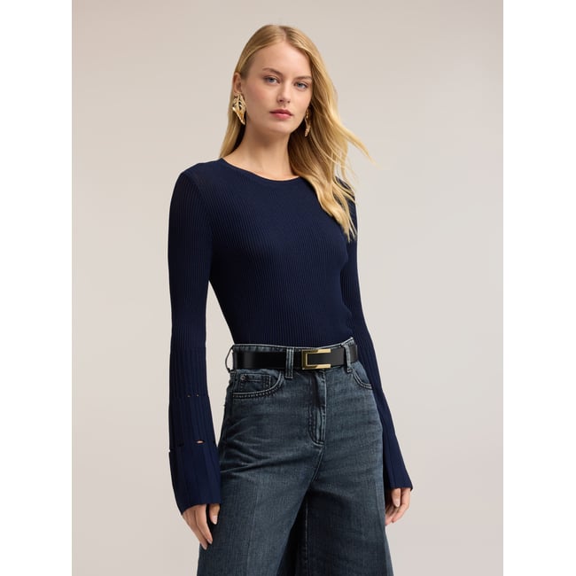 Pull côtelé avec poignet plissé bleu <span itemprop=