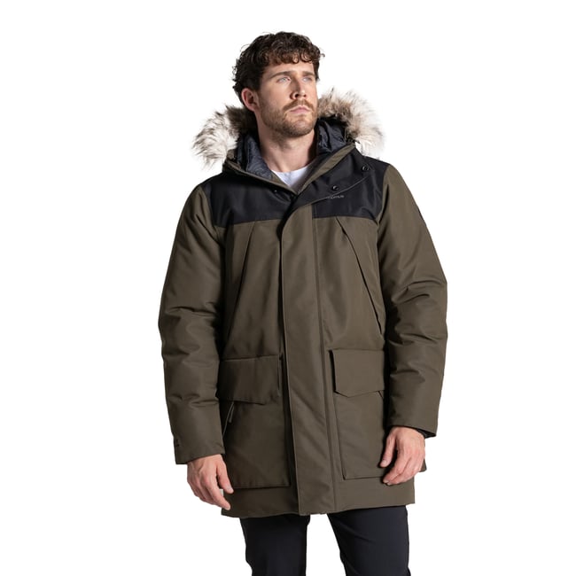 Veste imperméable à capuche avec bord duveteux amovible BISHORN kaki sombre <span itemprop=