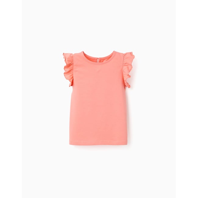 T-shirt avec manches à volants et col rond corail clair <span itemprop=