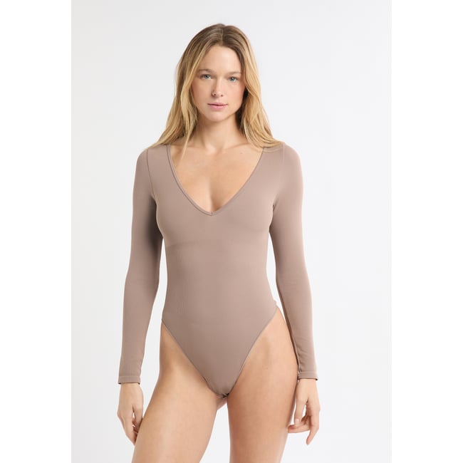 Body col V manches longues ROMY taupe <span itemprop=