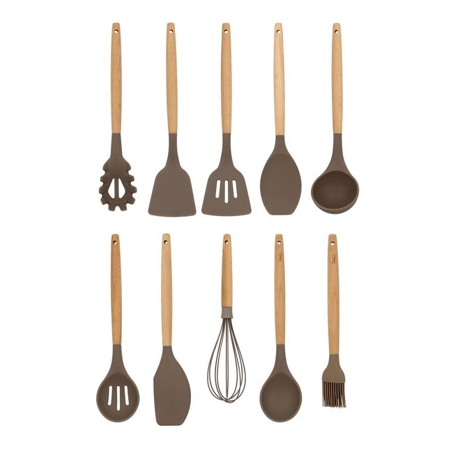 Set de 10 ustensiles en silicone et manche en bois, ELIOTT naturel-taupe <span itemprop=