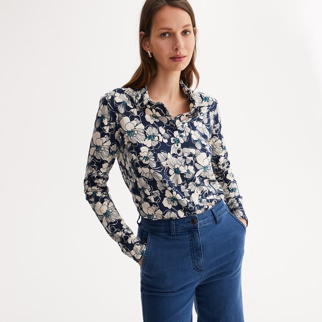 Langärmelige Bluse mit Hemdkragen marine geblümt <span itemprop=