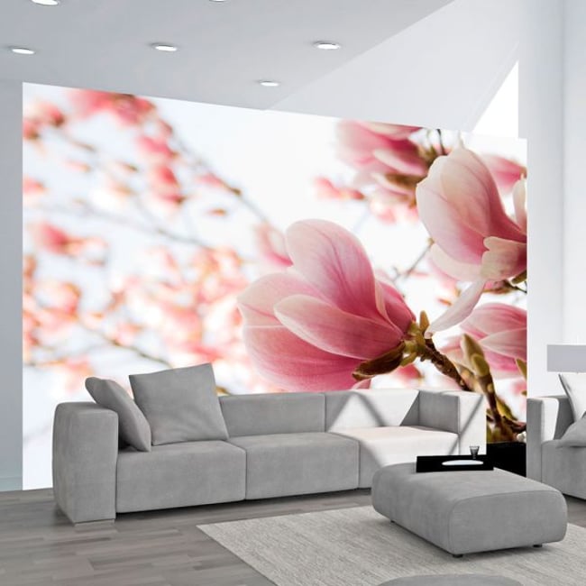 Papier peint intissé panoramique Fleurs Magnolia rose Couleur blanc <span itemprop=