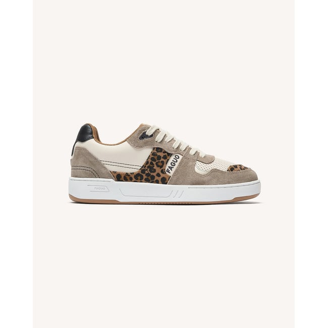 Baskets basses cuir suede CEIBA écru et léopard <span itemprop=