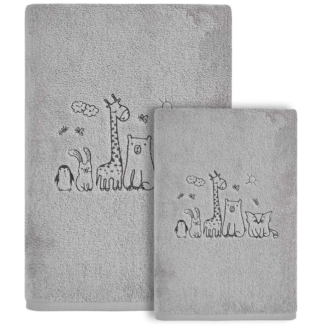 Ensemble enfant 1 serviette de toilette + 1 drap de bain BABY JUNGLE gris cendré <span itemprop=