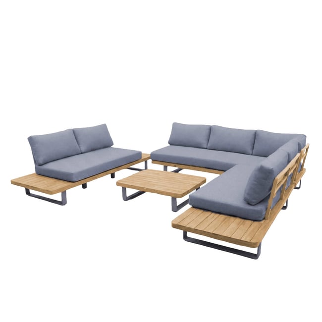 Salon de jardin d'angle bois d'acacia et aluminium 7 places ACALIA LATIKA gris <span itemprop=