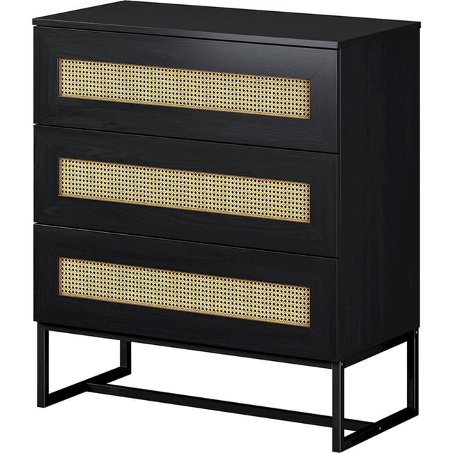 Commode 3 tiroirs cannage collection KERALS Couleur noir et chêne <span itemprop=