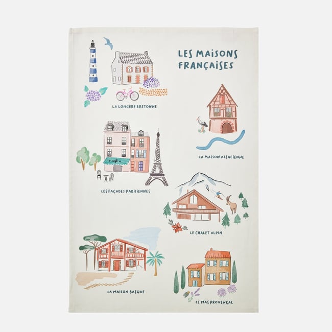 Torchon imprimé en coton MAISONS FRANÇAISES blanc <span itemprop=