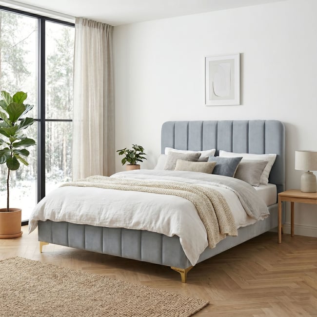 Lit velours avec pieds métal Couleur bleu grisé <span itemprop=