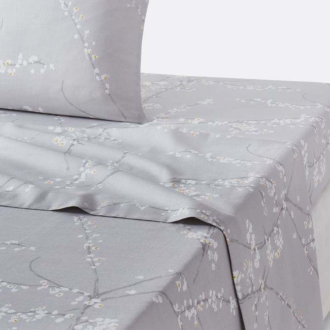 Drap plat satin de coton, Natsumi imprimé gris/blanc <span itemprop=