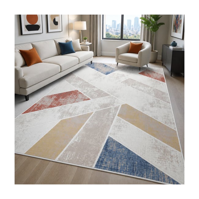 Tapis salon, motif géométrique, LYN55 VEGA Couleur multicolore, bleu, crème <span itemprop=