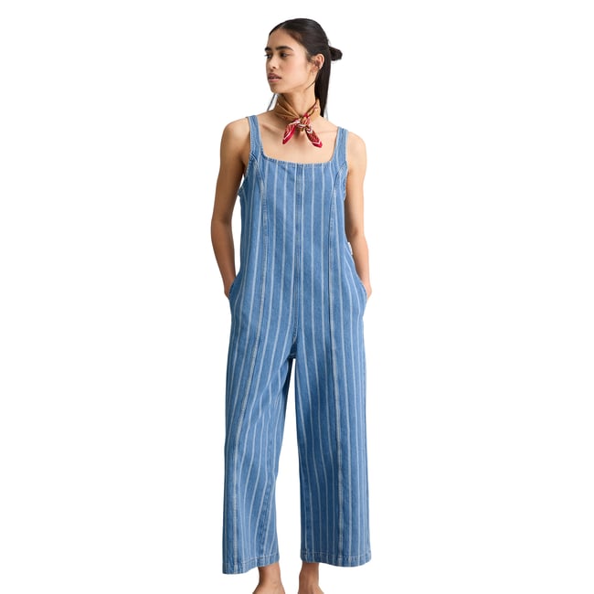 Salopette en jean rayée, coupe décontractée en pur coton bio bleu <span itemprop=