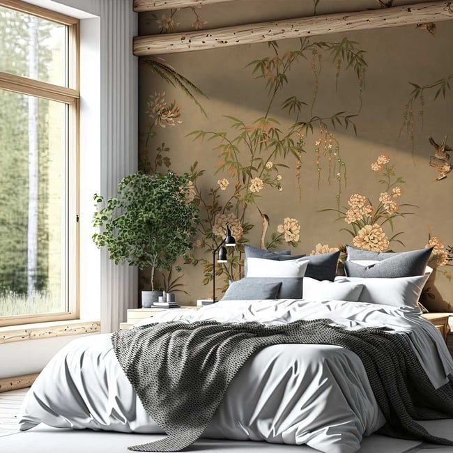 Papier peint panoramique fleurs oiseaux du marais Couleur intissé <span itemprop=