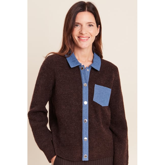 Veste col chemise manches longues marron foncé <span itemprop=
