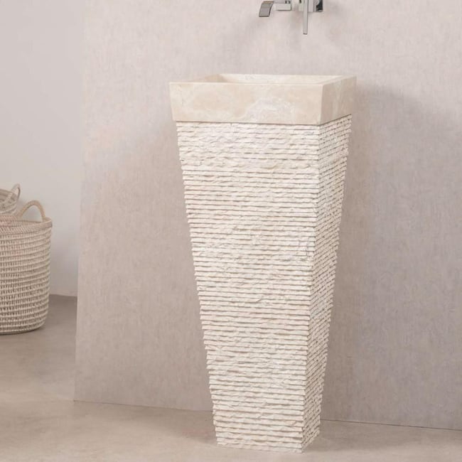 Vasque en pierre carrée pyramide sur pied HAVANA Couleur crème <span itemprop=