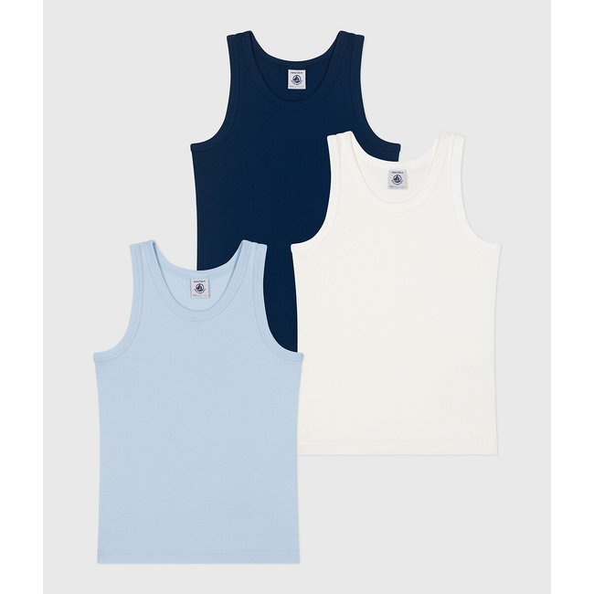 Confezione da 3 canottiere in cotone bianco + blu + marine PETIT BATEAU