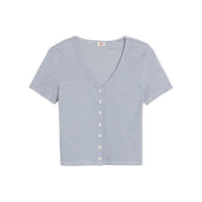 Tee-shirt coupe ajustée FEMME Levi's® en coton blanc à rayures bleues marine avec un col v blanc <span itemprop=