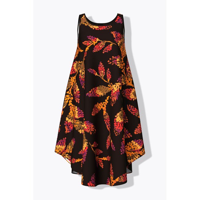 Robe midi sans manches, motif feuilles noir <span itemprop=