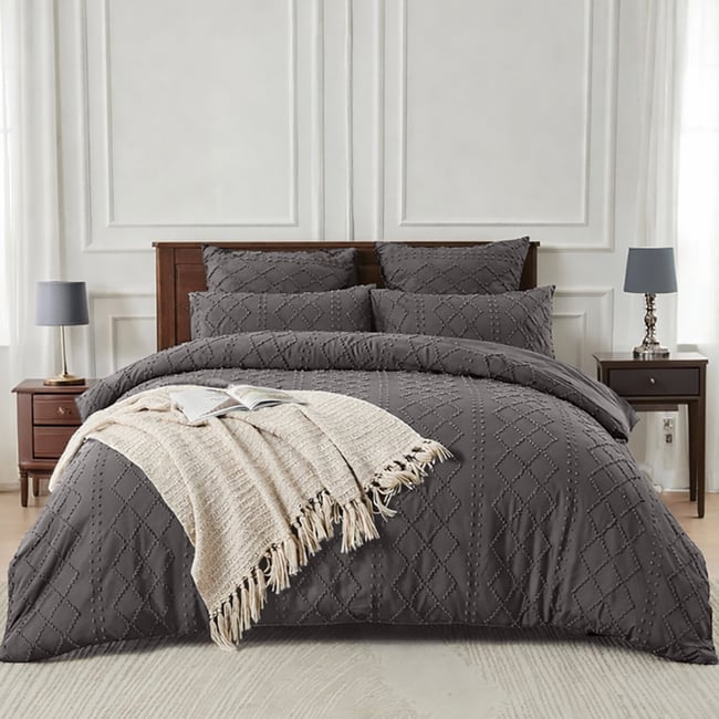 Parure housse de couette tufté microfibre, CHAGA gris magnet <span itemprop=