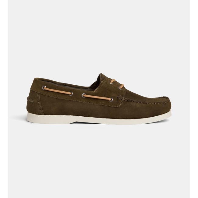 Chaussures bateau leon cuir velours kaki <span itemprop=