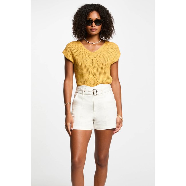 Pull manches courtes jaune moutarde <span itemprop=
