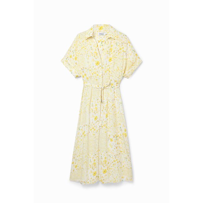 Robe-chemise midi fleurs blanc <span itemprop=