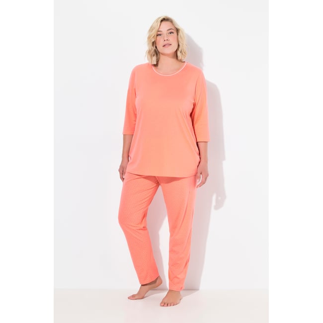 Pyjama à pois, col rond et manches 3/4 corail <span itemprop=