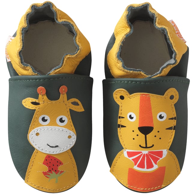 Chaussons bébé cuir souple Gabriel et Gustave prennent le goûter vert <span itemprop=