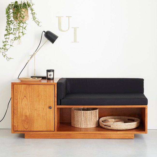 Banc en mindi massif avec coussins noirs  CELESTE Couleur naturel <span itemprop=