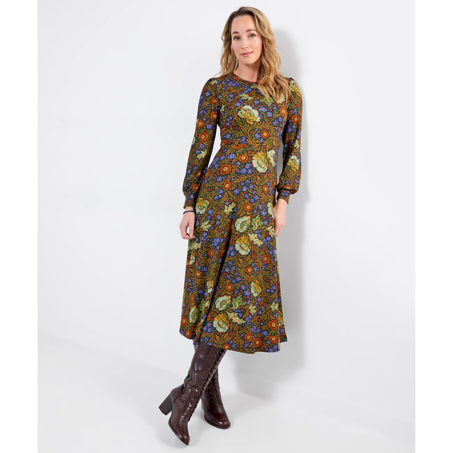 Robe Longue en Jersey à Manches Longues Fleurs Vintage vert <span itemprop=