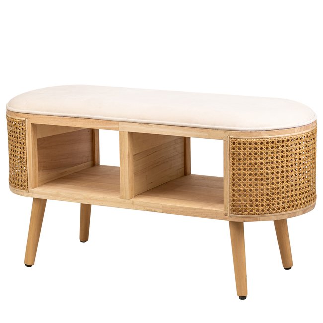 Banc avec rangement, rotin et velours, ISUMI Couleur beige <span itemprop=