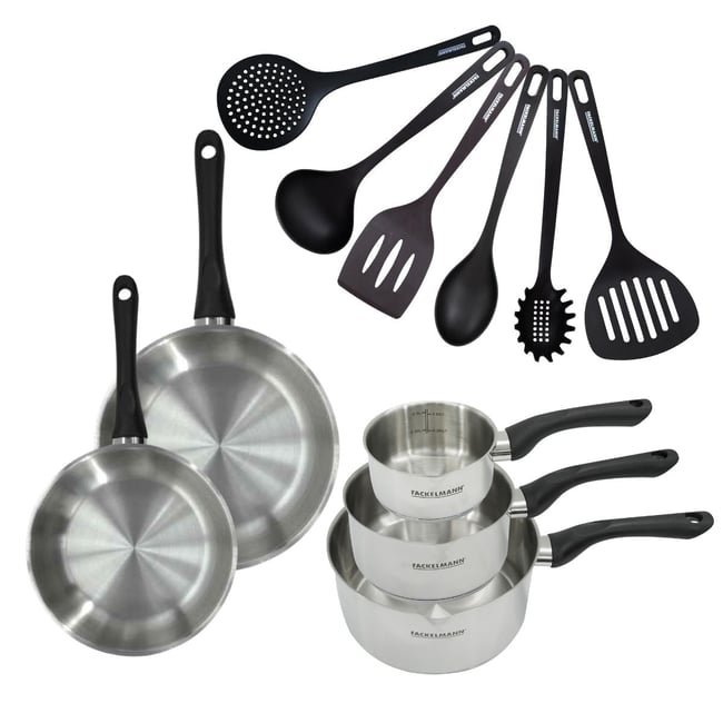 Batterie 2 poêles 20/24cm + 3 casseroles 12/16/20cm GENEVA inox|noir <span itemprop=