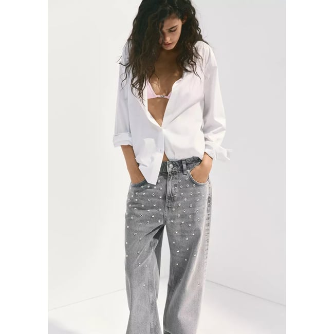 Jean regular waist à clous gris denim <span itemprop=