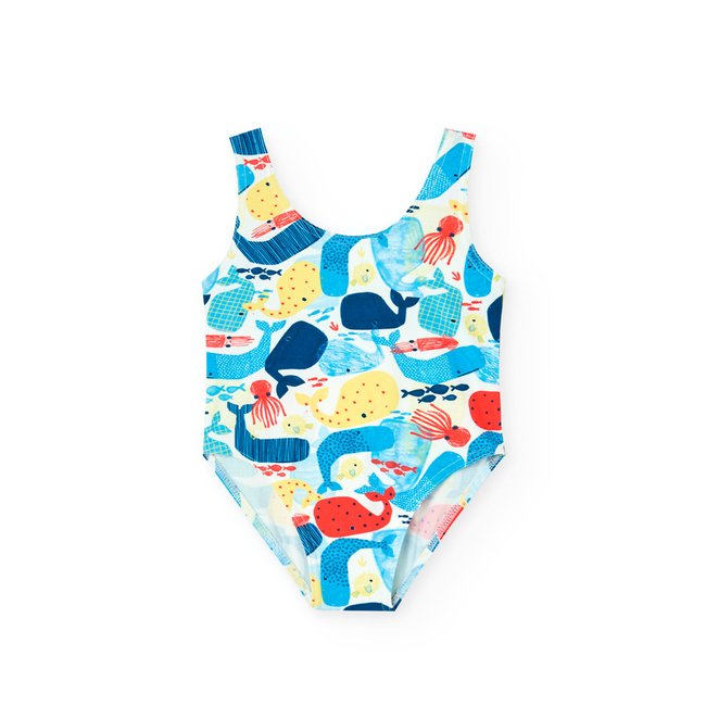 Maillot de bain à bretelles larges et imprimé fantaisie bleu <span itemprop=