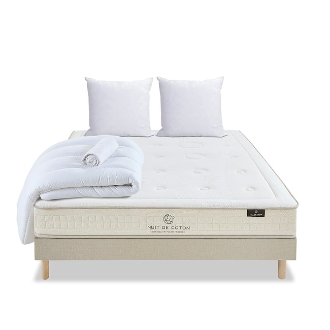 Pack Prélude 2.0 140x200 cm Matelas Latex 100% Naturel + Sommier Bois + Accessoires Couleur beige <span itemprop=