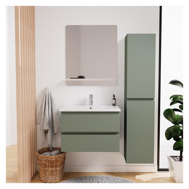 Ensemble meuble simple vasque 60 cm + robinet + miroir + Colonne SORRENTO Couleur vert <span itemprop=
