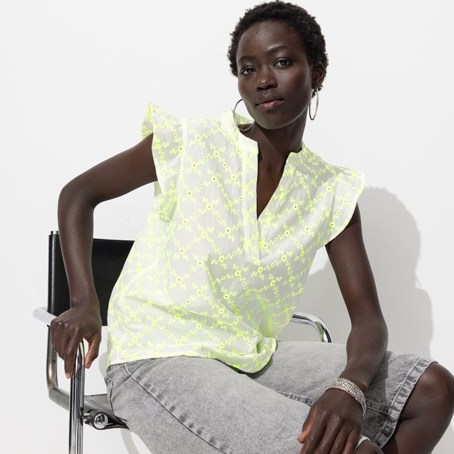 Blouse brodée fluo jaune fluo <span itemprop=
