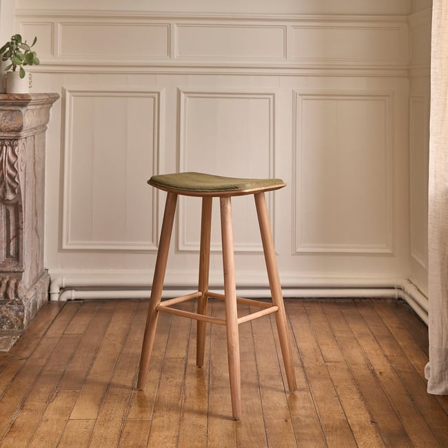 Tabouret de bar en teck massif et velours côtelé  AMBRE Couleur kaki <span itemprop=