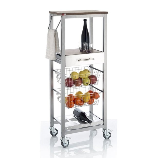 Desserte de cuisine ONDA ALTO – Meuble métallique finition aluminium avec 2 paniers, tiroir, porte-bouteilles Couleur cerisier le gard <span itemprop=