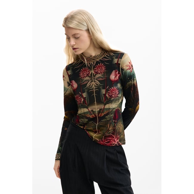 T-shirt bordée de roses noir <span itemprop=