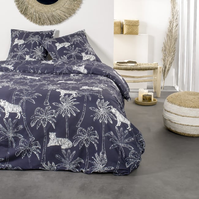 Parure de lit 2 personnes imprimé floral coton SUNSHINE ACHIL noir <span itemprop=
