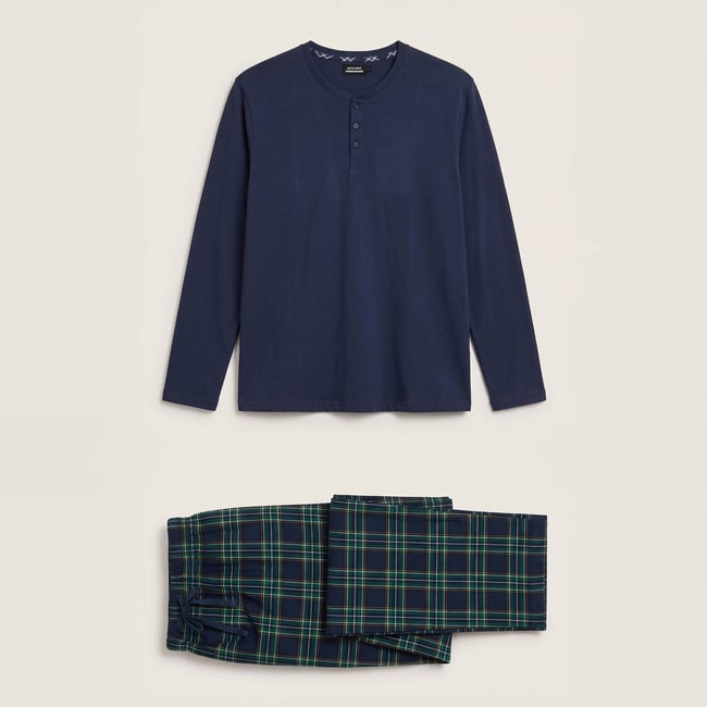 Pyjama manches longues en jersey et pantalon en flanelle en coton marine <span itemprop=