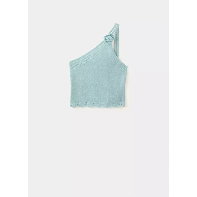 Top asymétrique en maille ajourée bleu <span itemprop=