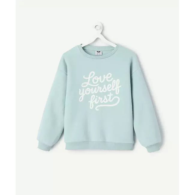 Sweat col rond avec inscription, en molleton bleu vert <span itemprop=