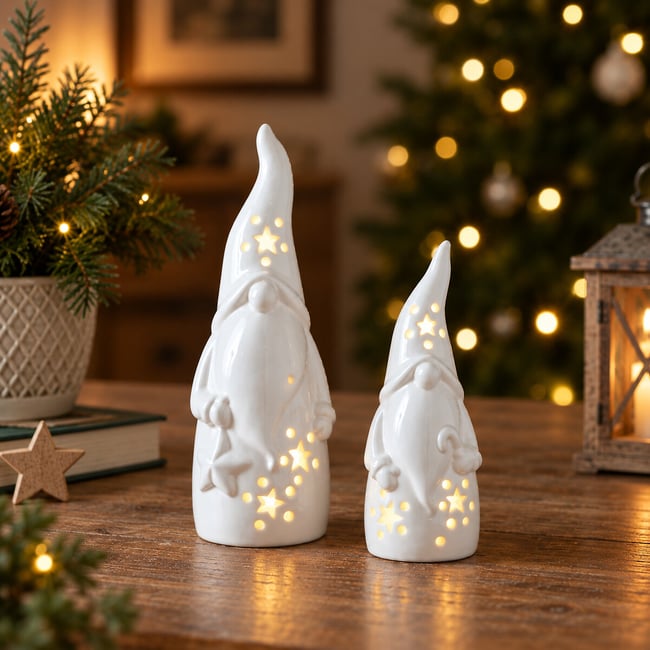 Set of 2 15cm & 20cm Nordic Lights Light-up Porcelain Gonk, white, SO'HOME