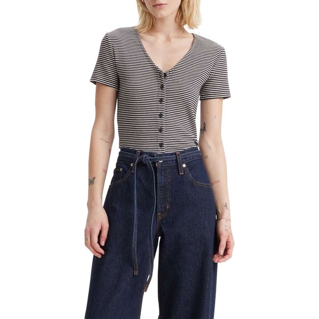 T-shirt coton rayé col v manches courtes slim bleu <span itemprop=