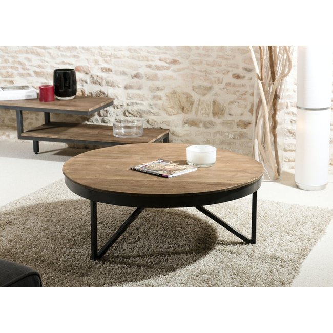 Table basse ronde 90cm plateau bois naturel teck recyclé style contemporain industriel SWING Couleur bois naturel <span itemprop=
