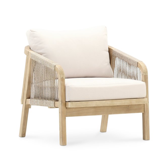Fauteuil en bois, lot de 2, SIENA structure en bois couleur clair, corde beige-marron, coussin beige <span itemprop=
