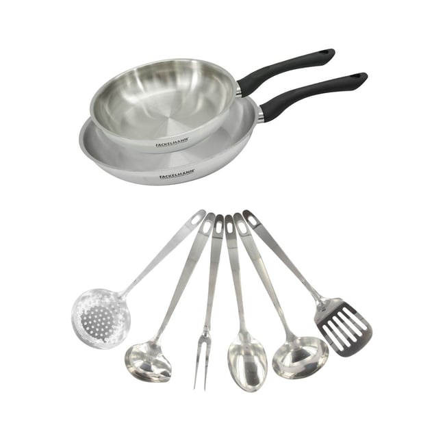 Set 2 poêles 20 et en inox et 6 ustensiles inox GENEVA inox|noir <span itemprop=